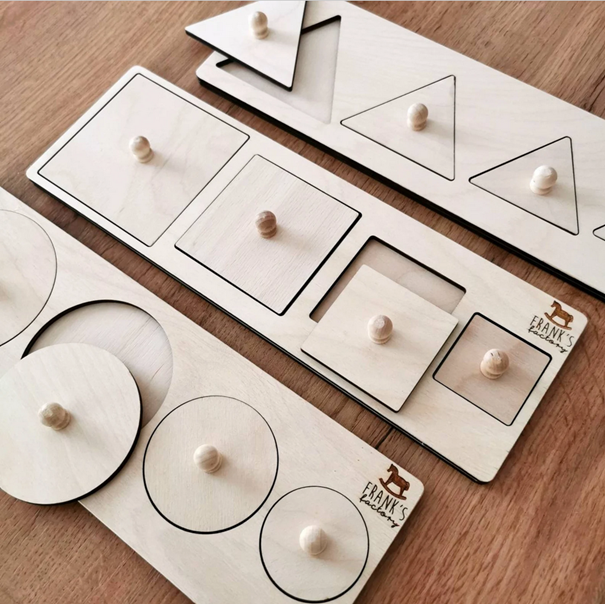 Montessori Holzpuzzle mit 3 geometrischen Formen: Quadraht, Dreieck, Kreis